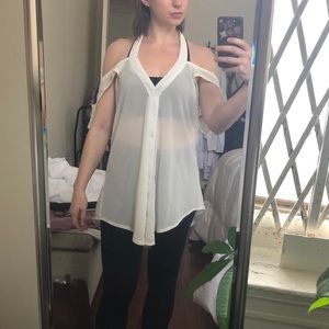 White shoulder cutout button-down blouse